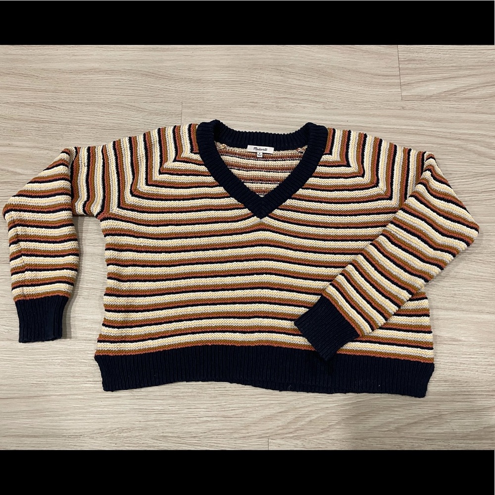 Madewell Rainbow Stripe Sweater with Navy Piping